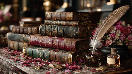 Antique books stacked with inkwell, quill, and flowers, evoking a sense of oldworld knowledge, literature, and artistry. Suitable for themes of education, history, and creativity.
