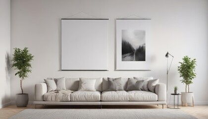 Modern living room, minimalist poster mockup hanging on clips against a white wall ,  branding,  visual