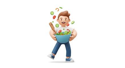 Fototapeta premium Cartoon Character Holding a Bowl of Flying Salad