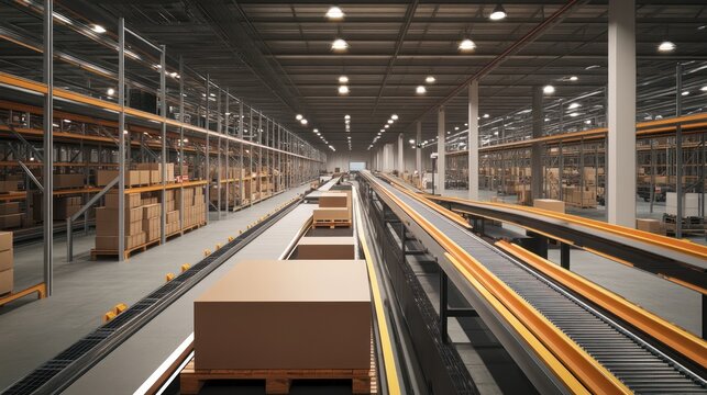 Extensive warehouse interior with automated conveyor systems transporting cardboard boxes along parallel tracks between high storage racks