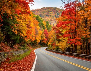 Obraz premium Scenic autumn road through vibrant forest and colorful foliage in mountain landscape