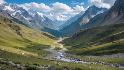 Obraz premium A mountain valley with lush green slopes, a flowing river, and snow-capped peaks in the background.
