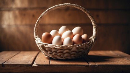 Basket of eggs on a wooden surface in a rustic setting