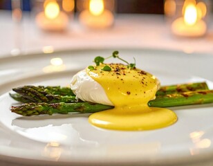 Poached egg with hollandaise sauce on grilled asparagus - elegant gourmet dish