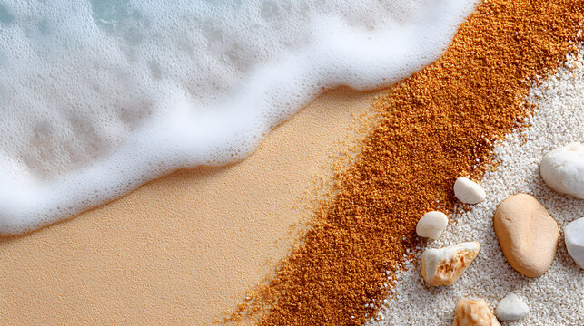 Close-up view of sandy beach with gentle waves lapping at the shore, showcasing various textures of sand and pebbles in a serene coastal environment. Selective focus - Powered by Adobe
