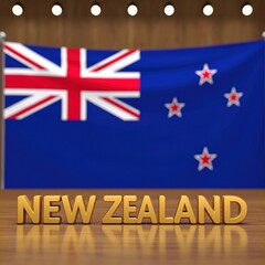 Obraz premium New zealand flag with bold alphabetic lettering on wooden surface