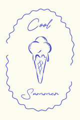 Trendy card in vintage sketch style on white background. Rough ink lines and handwritten typography Cool summer. Ice cream and circle whimsical frame. Perfect for background, poster, cover