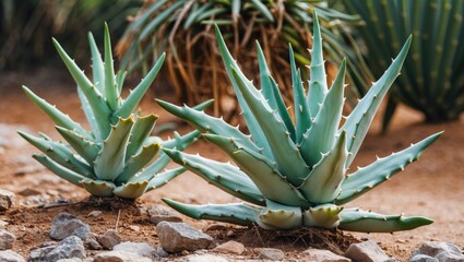 Fototapeta premium Two large succulent plants in a desert-like environment with rocks and dry soil. The plants have thick, pointed leaves and are surrounded by other cacti and desert vegetation.