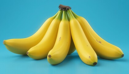 A bunch of ripe yellow bananas clustered together on a solid light blue background in a studio shot