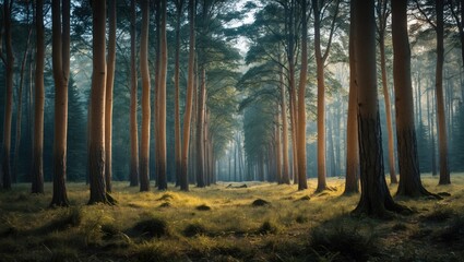 Dense forest with tall trees and sunlight filtering through, lush greenery, tranquil natural scenery, peaceful environment.