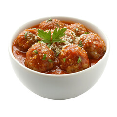 Fototapeta premium Delicious meatballs in rich tomato sauce garnished with herbs, served in white bowl. Perfect for hearty meal or appetizer