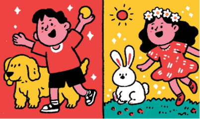 Fototapeta premium Playful Children with Pets in Colorful Vector Art Illustration