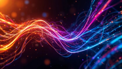 Abstract glowing light trails with orange and blue hues against a dark background design effect