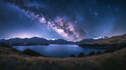 Milky Way Over Mountain Valley and Lake at Night