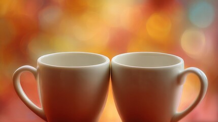 Obraz premium White mugs gently meet in center frame, surrounded by warm colors and blurred background..