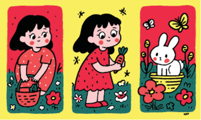 Playful Illustrations of a Girl with a Bunny in Vibrant Nature Scene