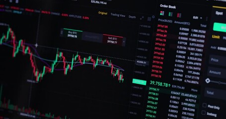 Stock market trading, forex, crypto currency with technical price graph indicators and data numbers for trading financial and investment concept.