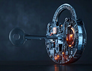 Futuristic tech padlock and key. Abstract cyber security concept, dark background. Great for digital safety, encryption, data protection or access control themes.