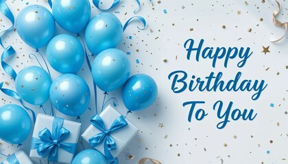Happy birthday greeting with blue balloons presents and confetti on a white background festive scene