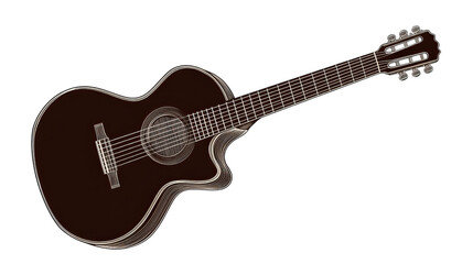 Black acoustic guitar with wooden neck and six strings, isolated transparent background, showcasing sleek and modern design