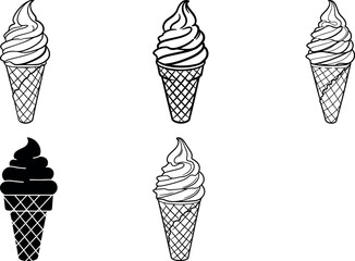 Delicious ice cream cones collection black and white illustrations