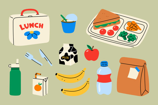 School lunch set. Cute cartoon lunch box, food tray with sandwich and vegetables, juice box, fruits, milk carton, water bottle, paper bag with note. Flat vector illustration