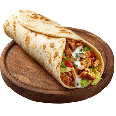 Delicious Chicken Shawarma on a wooden plate. isolated on white background.