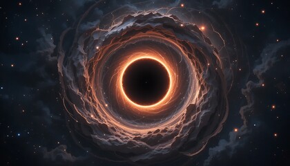 A cosmic black hole surrounded by swirling clouds of dust and gas in a star filled space
