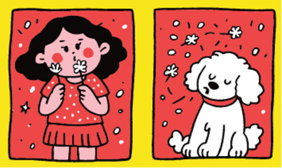 Fototapeta premium Playful Child Holding Flower with Dog in Vibrant Colorful Illustration