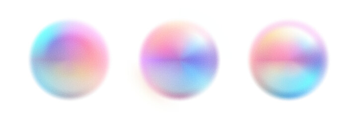 Iridescent gradation sphere with noisy texture. Pearlescent gradient mesh ball with grain pattern. Circular glowing object. Holographic paint blob. Vector illustration