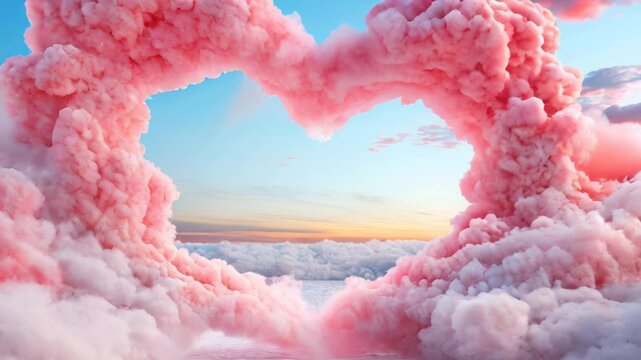 Pink cloud arch forming a heart shape against clear blue sky, entrance to heaven