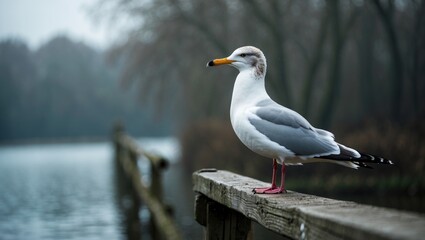 Seagull standing on wooden dock by water with trees in the background. Nature and wildlife scene. Bird observation and outdoor environment.