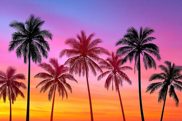 Tropical palm trees silhouetted against a vibrant sunset sky