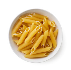 Raw pasta in a plate on a white background. Top view