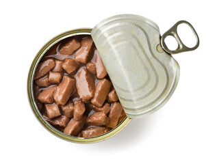 Wet cat food in an open tin can on a white background. Top view