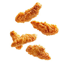 Crispy chicken strips floating in the air, isolated on white background.	