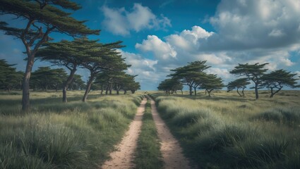 A dirt path through a grassy landscape with scattered trees under a partly cloudy sky.