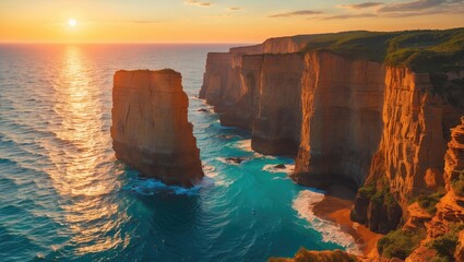 Sunset over the Cliffs of Moher with sea stacks and waves, scenic coastline, natural landscape, ocean view, and beautiful sunset.