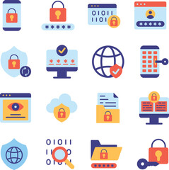 Encryption illustration set. Includes of data encryption, cryptography, secure data, cybersecurity, privacy, and More. Vector flat color collection