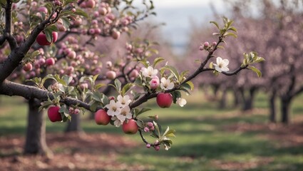 Blossoming apple tree branches with white flowers and red fruit in an orchard. Spring season, nature and agriculture, flowering trees. The scene of blooming and fruiting trees in spring.