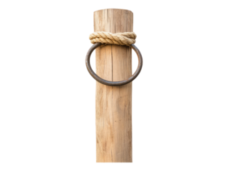 Isolated Rustic Wooden Post with Metal Ring and Rope on Transparent Background