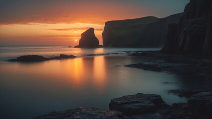 Scenic coastal landscape with cliffs during sunset, showing the sky, water, and rocky shoreline. Nature and outdoor environment. The scene of tranquility and natural beauty.