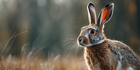 Wild rabbit in natural habitat, with ears up and alert posture, in a grassy outdoor environment. Wildlife and nature scene. Animal observation and conservation.