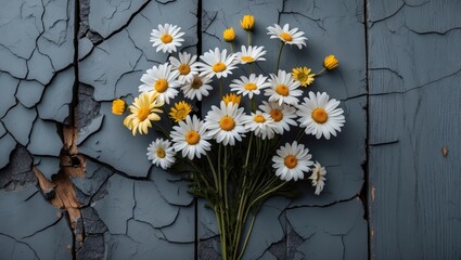 Bouquet of daisies and yellow flowers placed on a cracked blue wooden surface.