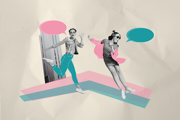 Trend artwork banner sketch collage of two young lady friends excited smile wear sunglass city...