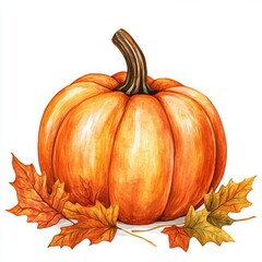 Watercolor Pumpkin with Autumn Leaves – Fall Harvest Illustration