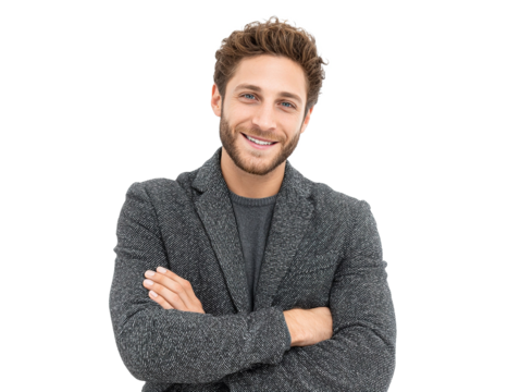 Smiling man with crossed arms wearing a casual suit and standing isolated on a white background.