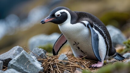 Naklejka premium Young penguin on a nest among rocks and twigs.
