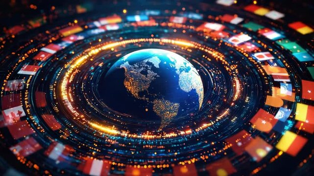 A glowing holographic globe surrounded by a circular arrangement of international flags, radiant light reflecting off each flag, a sleek black background with subtle digital grid patterns,,