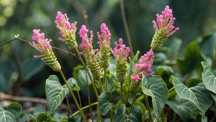 Pink flowers of the Hedera helix plant, commonly known as English ivy, with green lobed leaves in the background.